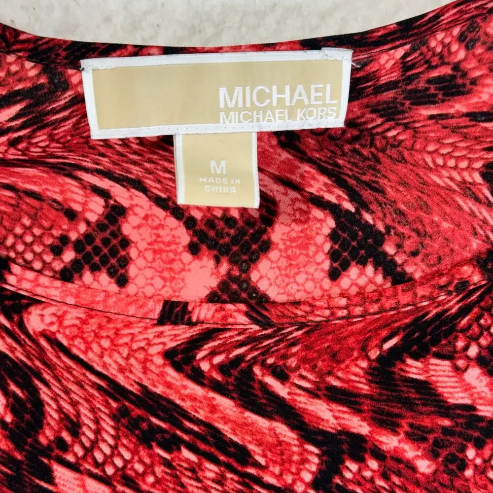 Michael Kors MK Black & Red Snake Skin Print Blouse 3/4 Roll Tab Sleeves Medium